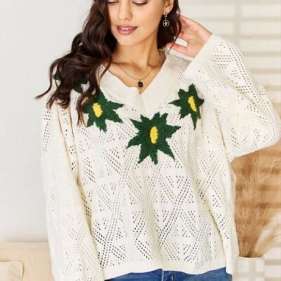 NWT Anthropologie POL Angie Open Weave V Neck Chenille Sweater Sz M - Picture 1 of 11